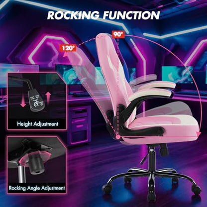 Sweetcrispy Computer Video Game Desk Chair: Ergonomic Comfy Lumbar Support, PU Leather with Flip-up Armrest, Height Adjustable and 360° Swivel, for Adults, Pink - color: Pink