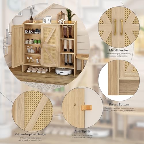 HOOBRO Shoe Cabinet for Entryway, Rattan Shoe Storage Cabinet with Doors, 4-Tier Freestanding Shoe Organizer with Side Cabinet, Large Capacity Wooden Shoe Cabinet, Natural NL95SC01