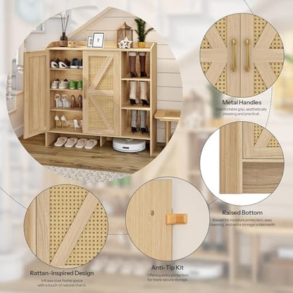 HOOBRO Shoe Cabinet for Entryway, Rattan Shoe Storage Cabinet with Doors, 4-Tier Freestanding Shoe Organizer with Side Cabinet, Large Capacity Wooden Shoe Cabinet, Natural NL95SC01