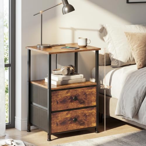 Nightstands Set of 2, Night Stand with Charging Station | Bedside Table with 2 Fabric Drawers for Bedroom, End Tables with Storage Shelf for Small Spaces, Rustic Brown - color: Rustic Brown, style: Power