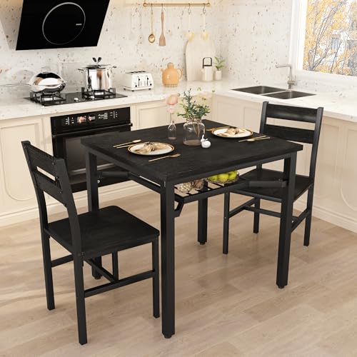 Hooseng 3 Piece Dining Table Set for 2, Small Wooden Kitchen Table with Storage, Farmhouse Square Dinette Set for Dining Room, Breakfast Nook, Apartment, Small Space - color: Black