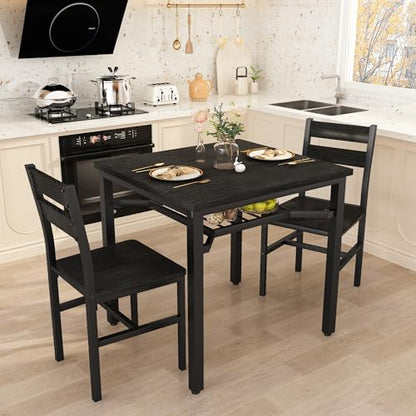 Hooseng 3 Piece Dining Table Set for 2, Small Wooden Kitchen Table with Storage, Farmhouse Square Dinette Set for Dining Room, Breakfast Nook, Apartment, Small Space - color: Black