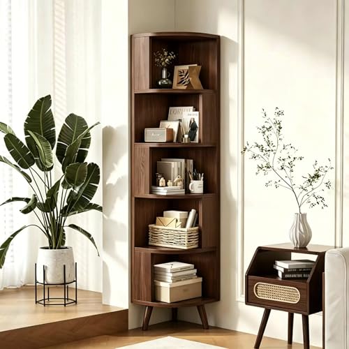5-Tier Corner Bookshelf, Modern Corner Shelf, Freestanding Bookcase Corner Cabinet Storage Display Shelf Organizer for Living Room Home Office Bedroom Kitchen