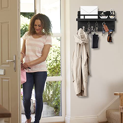 OurWarm Key Holder for Wall Decorative with 5 Key Hooks, Wall Mounted Key Hangers for Wall with Mail Key Rack, Wooden Mail Organizer with Shelf - color: Black