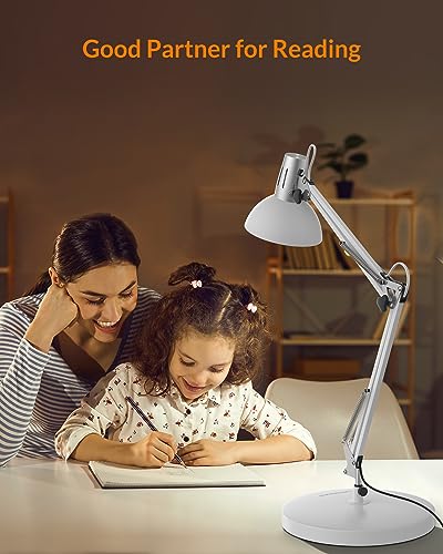 LEPOWER Metal Adjustable Desk Lamp with Clamp, Swing Arm for Home Office | Gooseneck, Architect Style, Eye-Caring Table Lamp, On/Off Switch, E26 Base, Reading for Dorm, Bedroom, Study, Back to School - color: White