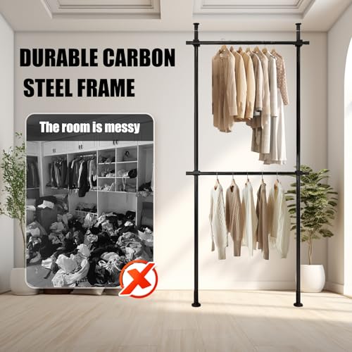 Heavy Duty Double Bar Clothing Rack – Adjustable Floor-to-Ceiling Clothes Rack, 2 Crossbars 220 lbs Capacity Each, Heavy-Duty Carbon Steel, No-Drill Installation, for Laundry Room, Bedroom & Boutique
