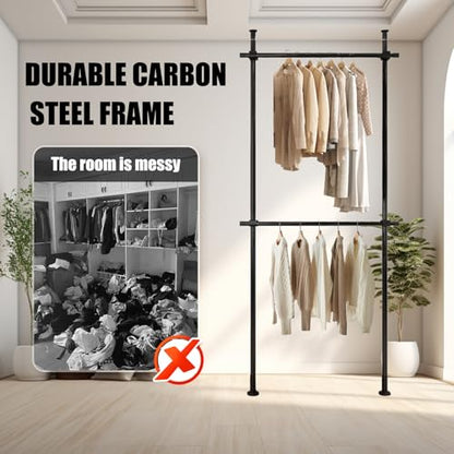 Heavy Duty Double Bar Clothing Rack – Adjustable Floor-to-Ceiling Clothes Rack, 2 Crossbars 220 lbs Capacity Each, Heavy-Duty Carbon Steel, No-Drill Installation, for Laundry Room, Bedroom & Boutique