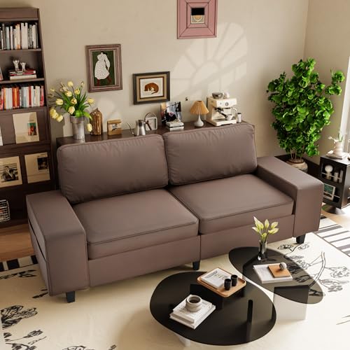 84" Loveseat Couch, 3 Seater Leathaire Sofa with 4 Side Pockets, Removable and Washable Cushions, Living Room，Apartment, Office (Coffee) - color: Coffee Leathaire, size: 84 "