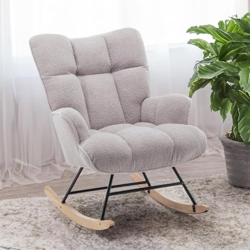 Rocking Chair Nursery Teddy Upholstered Glider Rocker Rocking Accent Chair Padded Seat with High Backrest Armchair Comfy Side Chair for Living Room Bedroom Offices (Grey Teddy) - color: Grey