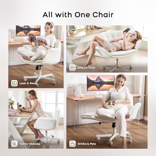 amseatec Criss Cross Office Chair, Swivel Makeup Vanity Chair with Wheels | Wide PU seat supports cross-legged, fidget-friendly sitting; 5-level armrests create pet space; wipe-clean finish eases care - color: White