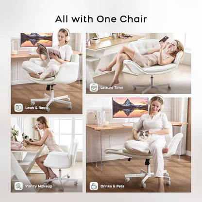 amseatec Criss Cross Office Chair, Swivel Makeup Vanity Chair with Wheels | Wide PU seat supports cross-legged, fidget-friendly sitting; 5-level armrests create pet space; wipe-clean finish eases care - color: White