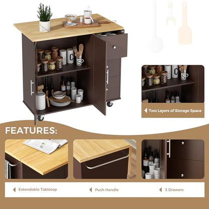 QAQA 40" Kitchen Island Cart Furniture cart on Wheels Rolling Portable Dining Room Serving Utility Carts Mobile Movable with Drawers Cabinet,Brown - color: Brown, size: 40-IN