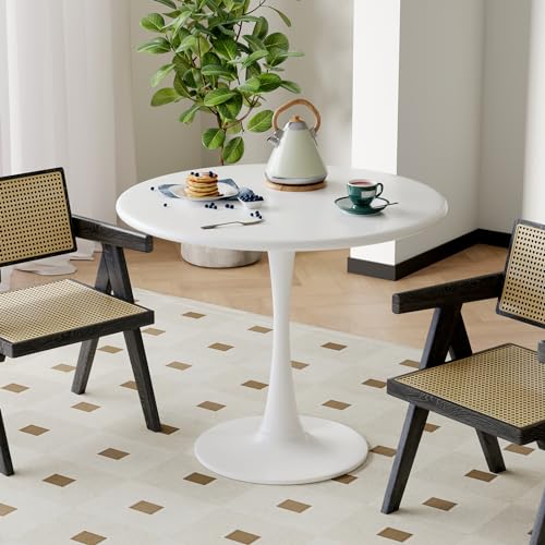 Recximi White Round Dining Table for 2 Person, 24 Inch Small Tulip Table with Metal Pedestal for Living Room, Mid Century Modern Kitchen Table for Kitchen, Office, Pub, Bar, Bistro, Circle Cafe Tables - color: White