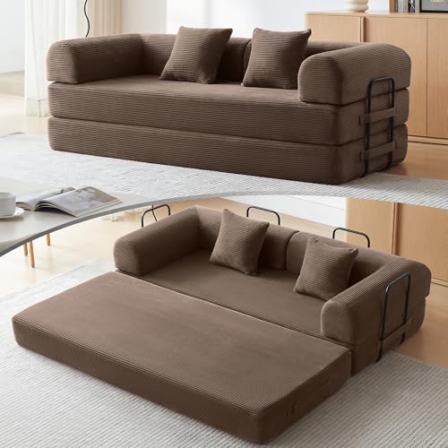79" Convertible Sofa Bed, Boneless Couch for Living Room (Brown) | Corduroy Cloud Loveseat Sleeper Couch, Modular Futon Memory Foam Couches with 2 pillow, Pull Out Couch No Assembly - color: Brown, size: 79"Convertible Sofa Bed