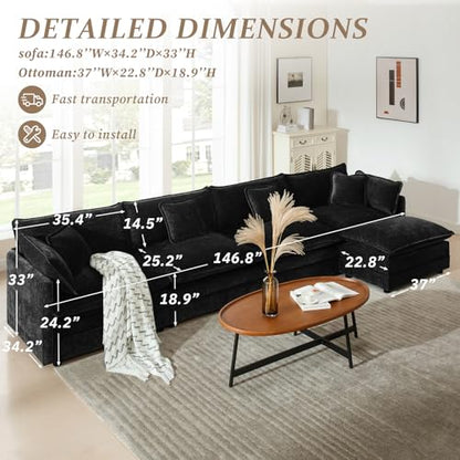137" Chenille L Shaped Modular Sofa with Ottoman,Black | Randomly Assemble Modular Sofa Sets, Modern Recliner Deep Seat Sofa Set for Living Room,Office - color: Black, size: 4S+1O