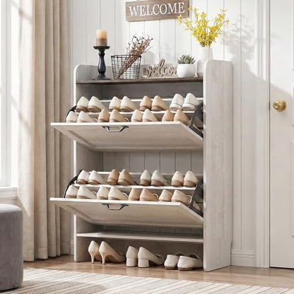 31.4“W Slim Shoe Storage Cabinet with 2 Flip Drawers and Adjustable Shelves | Narrow Shoe Cabinet Storage for Entryway, Farmhouse Hidden Shoe Storage for Hallway, Warm Gray-white