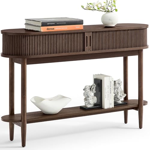 LINSY Fluted Console Table with Storage and Shelves, Walnut | Entryway Table, Wood Entrance, Behind Couch Sofa Table, Foyer Tables for Hallways, Living Room Boho Furniture, Narrow Long - color: Walnut