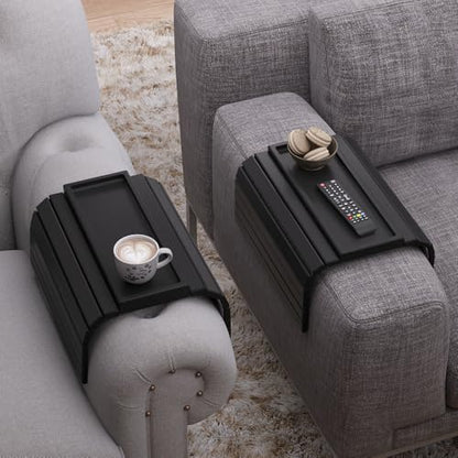 2 Pack Bamboo Folding Sofa Arm Tray with Anti-Slip Pad (Black) | Couch Armrest Tray,Foldable, Space-Saving Storage, No Assembly, universal arm fit,Gift box - color: Black
