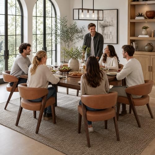 Brown Faux Leather Dining Chairs with Arms Set of 2, Mid Century Modern Kitchen & Dining Room Chairs, Barrel Backs/Walnut Solid Wood Legs, Upholstered Comfortable Accent Chairs for Living Room - color: Brown