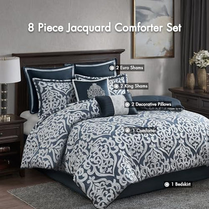 Madison Park Odette Cozy Comforter Set Jacquard Damask Medallion Design - Modern All Season, Down Alternative Bedding, Shams, Decorative Pillows, King(104 in x 92 in), Navy 8 Piece | All Season Down Alternative Bedding with Comforter, Shams, Bed Skirt, De
