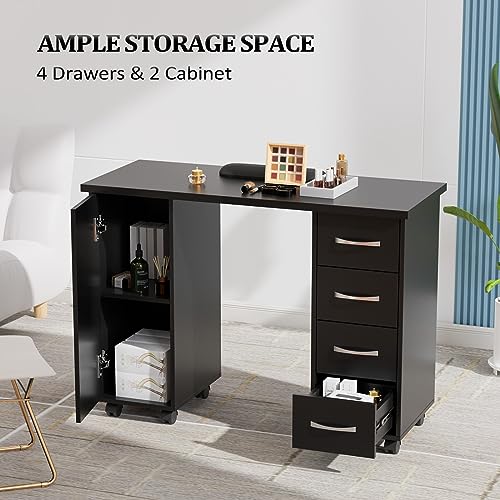 OmySalon OmySaon Manicure Table Nail Desk w/Cabinet, Drawers, Wheels & Wrist Rest, Spa Salon Beauty Home Wooden Technician Workstation Nail Art Equipment for Nail Tech, Black - color: Black