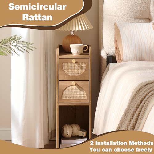 Narrow Nightstand Set of 2 (Rattan & Wood) - Small Bedside Table with 2 Drawers, Open Shelf, Mid Century Modern End Table - for Bedroom, Living Room & Small Spaces, Rustic Oak Rattan - color: Rustic Oak Rattan, size: 7.9"W (2 Pc)