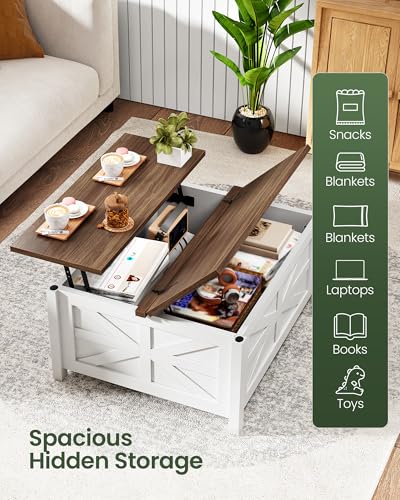 31.5" Lift Top Coffee Table, Farmhouse Coffee Table with Charging Station and Storage, 2 AC Outlets and 2 USB Ports, White and Walnut MKF02UWAN1