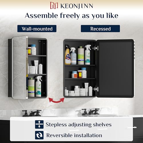 Keonjinn 20 x 32 Inch Chrome Medicine Cabinets for Bathroom with Mirror Adjustable Shelves Stainless Steel Framed Rounded Rectangle Single Door Surface Wall Mounted Silver Bathroom Storage Cabinet | Stainless Steel Framed, Adjustable Shelves, Recessed or