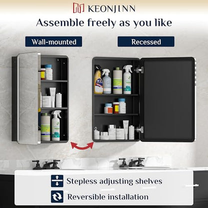 Keonjinn 20 x 32 Inch Chrome Medicine Cabinets for Bathroom with Mirror Adjustable Shelves Stainless Steel Framed Rounded Rectangle Single Door Surface Wall Mounted Silver Bathroom Storage Cabinet | Stainless Steel Framed, Adjustable Shelves, Recessed or