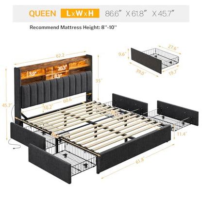 Queen Bed Frame with Headboard and 4 Drawers Storage, Bed Frame Queen Size Built in LED Lights and Charging Station, Sturdy & Noise-Free Upholstered Platform Metal Support Bed, Dark Grey