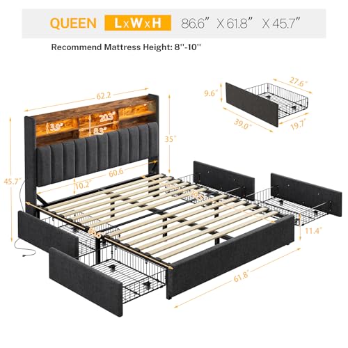 Queen Bed Frame with Headboard and 4 Drawers Storage, Bed Frame Queen Size Built in LED Lights and Charging Station, Sturdy & Noise-Free Upholstered Platform Metal Support Bed, Dark Grey