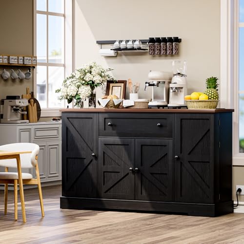 55.1" Buffet Cabinet with Storage, Charging Station, Modern Kitchen Buffet Sideboard with Drawer, Black Wood Coffee Bar with Adjustable Shelves & Spice Rack, Kitchen Storage Cabinet for Living Room - color: Black/Wood, size: 15.8"D x 55.1"W x 33.1"H