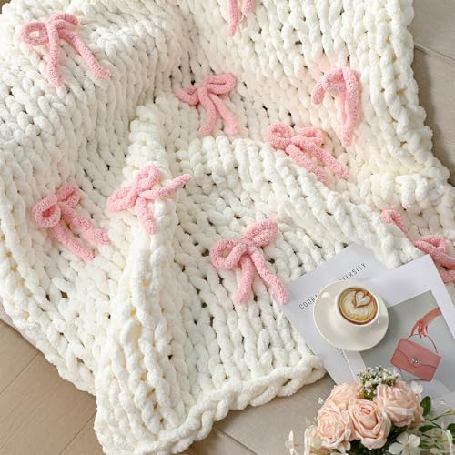 Pink Bow Chunky Knit Blanket Throw Large 50" X 60" 100% Handmade Cream Chenille Loop Yarn Fluffy Soft Knitted Throw Big Cozy Thick Cable Knit Crochet Blanket for Couch Sofa Bed