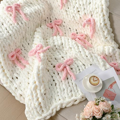 Pink Bow Chunky Knit Blanket Throw Large 50" X 60" 100% Handmade Cream Chenille Loop Yarn Fluffy Soft Knitted Throw Big Cozy Thick Cable Knit Crochet Blanket for Couch Sofa Bed