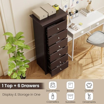 GIANTEX 6-Drawer Dresser for Bedroom, Wooden Chest of Drawers w/Metal Handles & Large Capacity, 16" D x 23.5" W x 53.5" H Clothes Organizer, Modern Tall Dresser for Bedroom, Entryway, Living Room - color: Brown