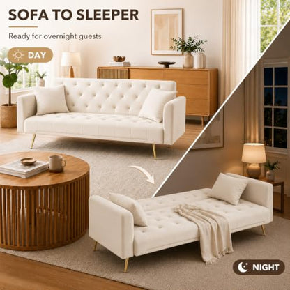 Anwick 72''Modern Velvet Sofa Bed Futon,Convertible Folding Sleeper Couches with 3 Adjustable Backrests,Tufted Recliner Loveseat with Golden Chrome Legs for Living Room Apartment Office (Beige) - color: Beige