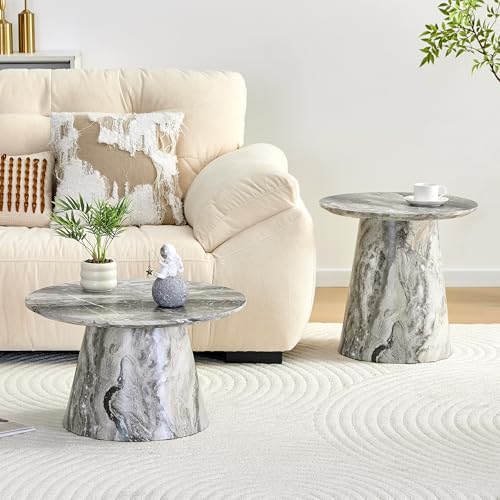 Faux Marble Coffee Table Set of 2, Modern Nesting Tables with Gray and Brown Marble Texture & Sturdy Cone Base, Round Layered Low Profile Accent Tables Ideal for Living Room, APT, Small Space - color: Gray Nesting Coffee Table