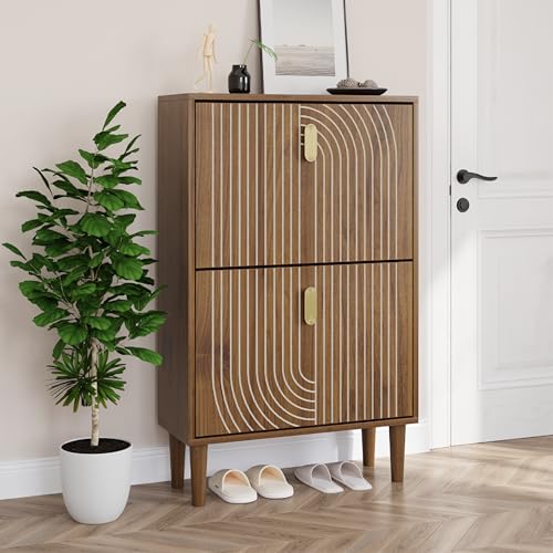 Smuxee Shoe Cabinet with 2 Flip Drawers, 23.6" Walnut Hidden Shoe Storage Cabinet with Line Groove Design, Freestanding Shoe Organizer Cabinet for Entryway, Hallway, Living Room - color: Walnut With Flip Drawers, size: 23.6" (60 cm)