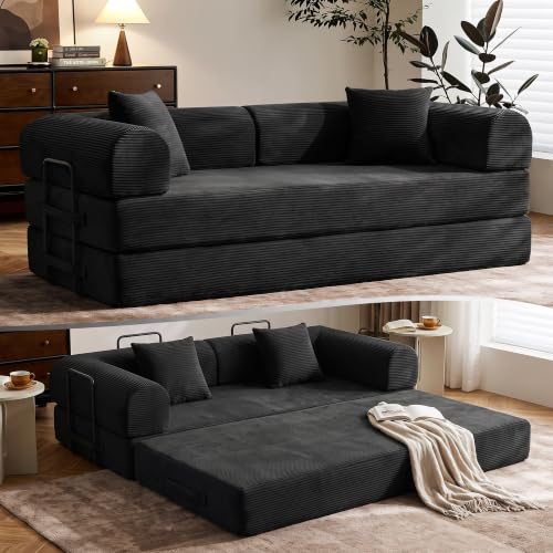 Convertible Sofa Bed Boneless Couch Folding Sofa | 3-in-1 foldable sofa bed with Removable Washable Corduroy Cover Deep Seat Modular Sofa for Living Room Apartment - color: Black