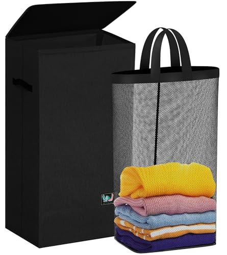 WTREE Laundry Hamper with Lid, Reinforced Sturdy Clothes Hamper with Anti-Puncture Base, Large Collapsible Laundry Basket with Removable Liner Bag, Tall Dirty Clothes Bin for Family, 100L Black - color: Black