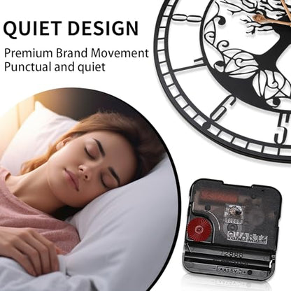 Dankeit Tree of Life Wall Clock, 24inch Black Metal Wall Clock, Silent Quartz Movement, Modern Home Decor - color: D