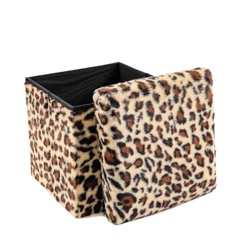 Luxe Faux Fur Storage Ottoman, Leopard, 12 x 12 x 12 in | Engineered Wood, Tool-Free Assembly, Modern Style, Seat And Footrest - color: Leopard, size: 12"D x 12"W x 12"H