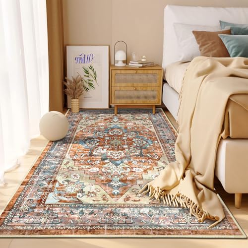 Bsmathom Area Rugs for Living Room 4x6 Non Slip Machine Washable Vintage Boho Throw Rugs Low Pile Indoor Entry Way Floor Carpet for Bedroom, Dining Room - color: Brown Red, size: 4' x 6' (Rectangular)