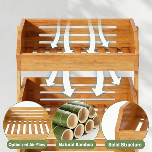 Simple Trending 3-Tier Natural Bamboo Fruit & Vegetable Basket Organizer, Ventilated Countertop Kitchen Storage with 2 Removable Banana Hooks, Sturdy for Fruits, Veggies, Snacks, Bread, Easy Assemble