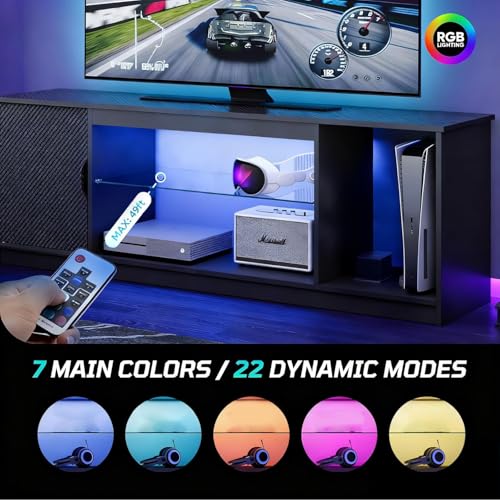Bestier 57 Inch LED TV Stand for 55-65 Inch TVs, Gaming Center, Black | LED Lighting, RGB Effects, PS5/Xbox Storage, Adjustable Glass Shelves, Cable Management, Modern Black Design - color: Black Carbon Fiber