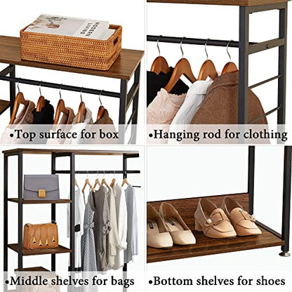 VECELO Open Garment Clothing Rack, Free-Standing Heavy Duty Storage Closet with 5 Shelves and Hanging Rod for Small Spaces, Max Load 350LBS, Brown - color: Dark Brown