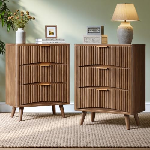 Evermagin 29" Tall Fluted Nightstand Set of 2 with 3 Drawers | Walnut Night Stand, Wooden Bedside Table, Mid Century Modern Side Table for Bedroom, livingroom - color: Walnut, size: 13.78"D x 23.62"W x 29.35"H (3 Drawers)