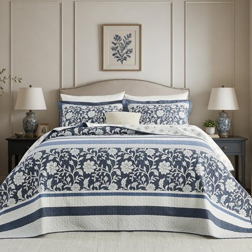 Quilta Oversized King Bedspreads 120x120 - Farmhouse Floral Striped Design California King Quilt Set, Elegant and Textured Coverlet, 3-Piece Lightweight Comforter Bedding Set, Cal King, Navy/White - color: Navy/Steel Blue/White, size: King(120"x120")