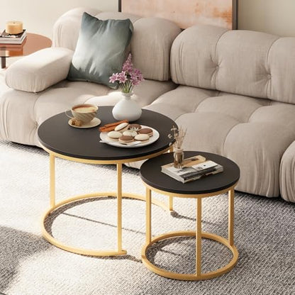 Nesting Coffee Table, 23.6" Round Coffee Table Set of 2, Wooden Nesting Table Set with Metal Frame, Side Tables for Living Room Bedroom Balcony, Black - color: Black