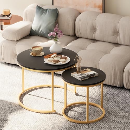 Nesting Coffee Table, 23.6" Round Coffee Table Set of 2, Wooden Nesting Table Set with Metal Frame, Side Tables for Living Room Bedroom Balcony, Black - color: Black